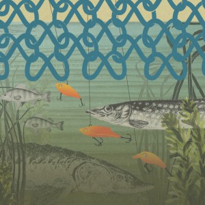 A digital collage showing an underwater ecosystem. Fish swim near fish-shared lures with Google logos for eyes. At the top, a dragnet made of interlocking Meta logos looms over the fish.