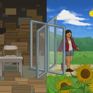 A digital illustration. On the left half of the illustration is a desk and folding chair surrounded by beige crates. On the right half of the illustration is a path with sunflowers and a blue sky. The person, who has brown skin and is wearing a red leather jacket, is walking through a revolving door that separates the two halves, exiting into the right half.