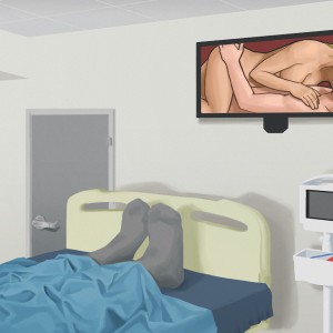 Digital illustration of a hospital room with the focus on a pornographic scene playing on a wall-mounted television, from the perspective of a viewer next to the hospital bed. Also shown is the lower half of a person's body covered in blankets on the bed, a window with lowered curtain, a closed door, and a vital signs monitor.