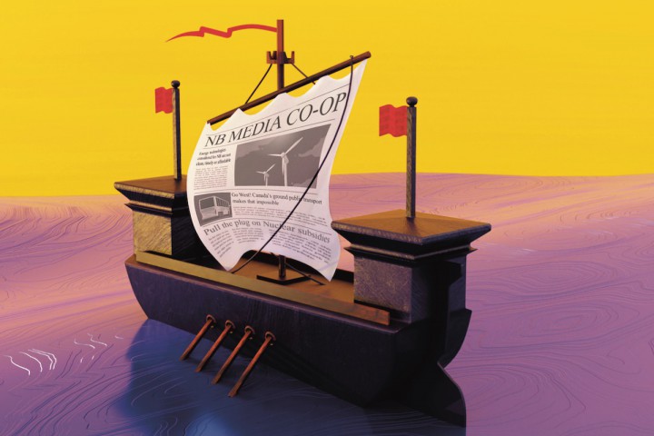 A digital illustration of a ship (similar to the one on the New Brunswick Flag) sailing on an inky purple sea against a yellow sky. The sail on the ship is a newspaper copy of the NB Media Co-op.