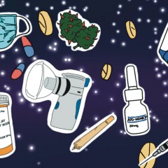 Dark purple and black ombre background with white stars. In the foreground are yellow pills and red and blue capsules across the length of the image. A range of objects are floating around the page which include (from left to right); a mask, a prescription bottle of pills, a handheld nebulizer, two cannabis buds, a joint, nasal spray, an asthma inhaler, and a needle.