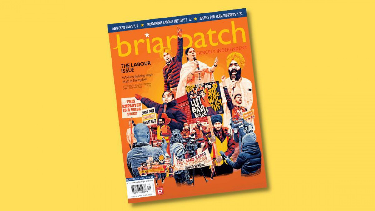 A copy of Briarpatch's Nov/Dec 2022 issue on a yellow background.