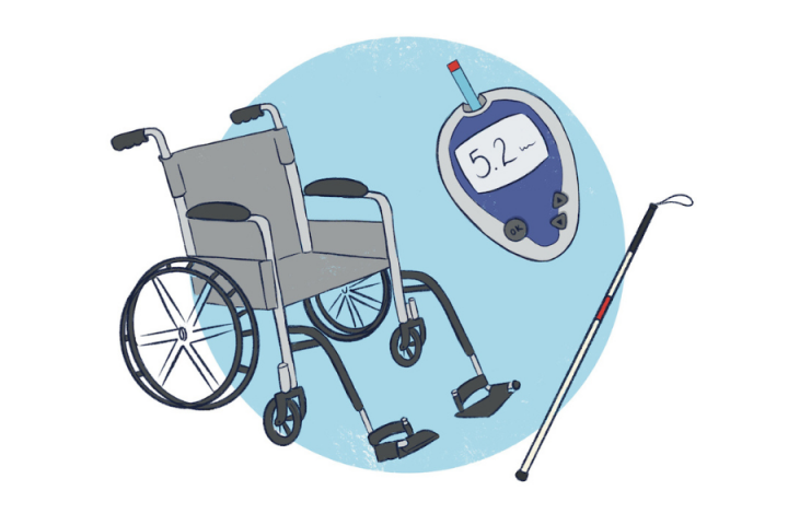 A digital illustration showing assistive devices – a wheelchair, a cane, and a blood glucose monitor – floating against a light blue background.