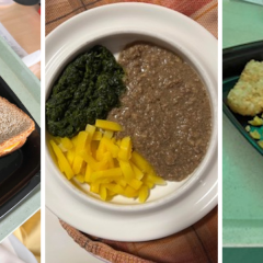 Three photos of unappetizing-looking food: a cheese sandwich made from untoasted bread and unmelted cheese; petrified scrambled eggs and a pale hash brown; and unidentifiable green and brown gruel.