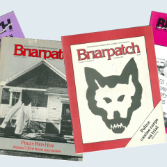 The covers of four archival issues of Briarpatch, against a light blue background