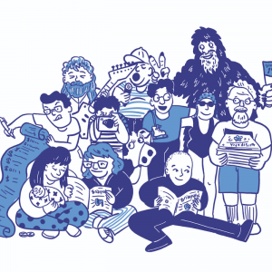 An illustration of a gaggle of Briarpatch community members: someone wearing a sasquatch costume, people holding cameras, ice skates, a baby, a receipt, and a stack of magazines.