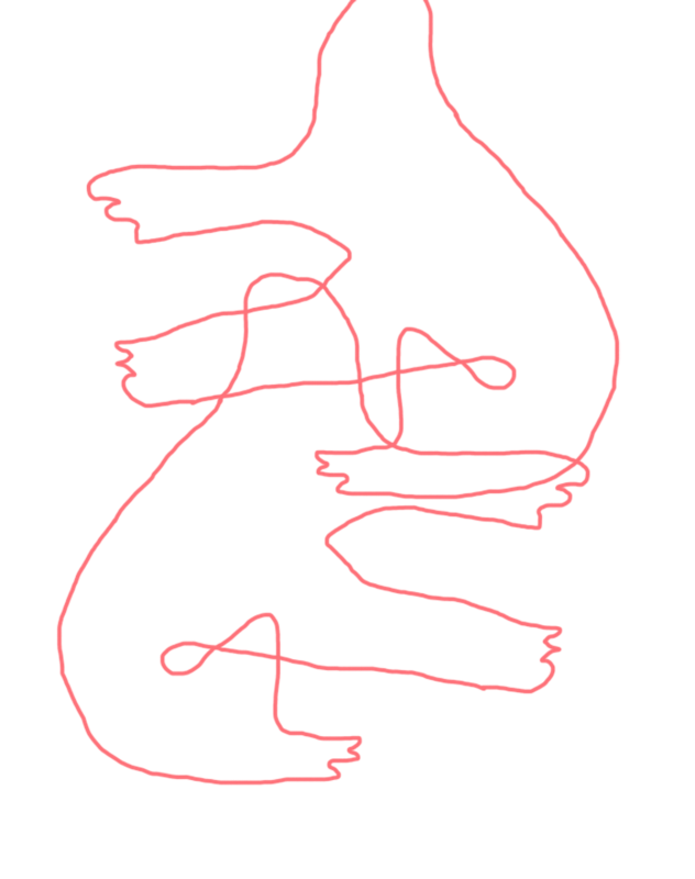 An abstract red line drawing of two figures. The first figure is crouching, reaching its arms out in front. The second figure is in the same pose, facing the opposite direction, and is hovering on top of the first figure, overlapping slightly.