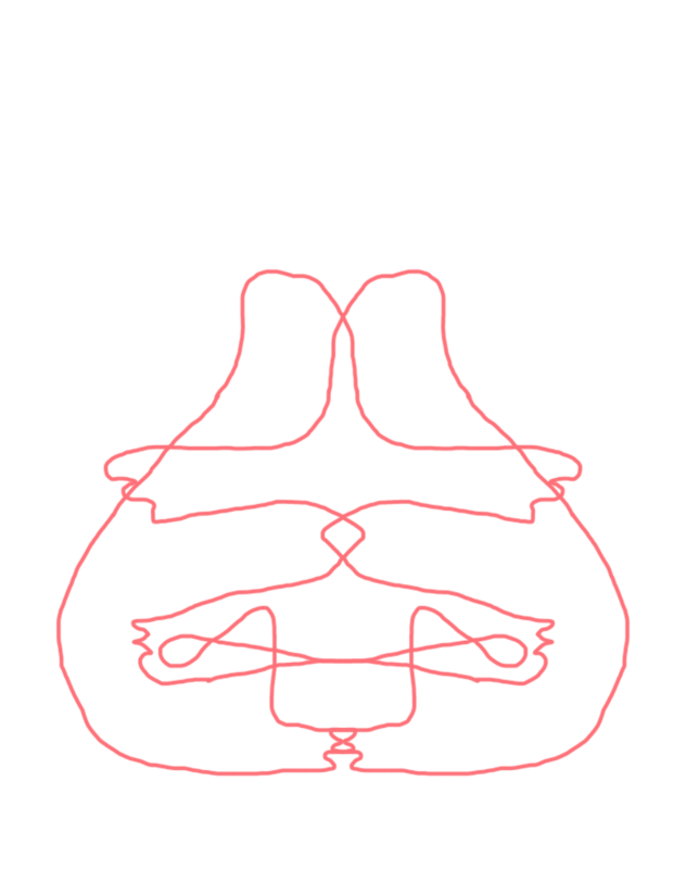 An abstract red line drawing of two figures. The first figure is crouching, reaching its arms out in front. The second figure is in the same pose, facing the opposite direction, and is partially overlapping the first figure, on the same level.