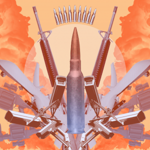 An array of military weapons fan out to create a Rorschach test, including artillery shells, bullets, guns, planes, and surveillance cameras. Smoke billows behind them on an orange background.