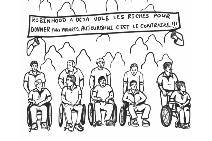 A black-and-white digital line drawing of five men in wheelchairs, each of them with someone behind them pushing their wheelchair. Behind them are indistinct figures holding a banner that reads