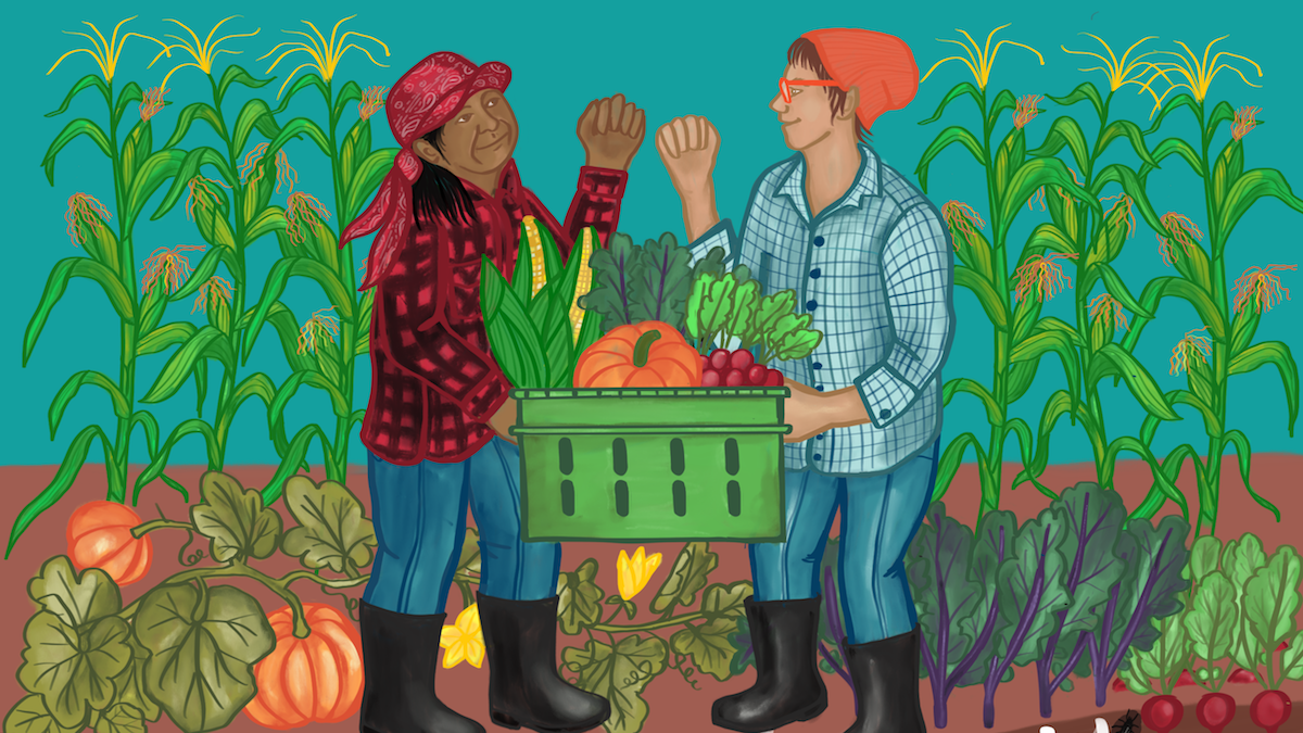 A digital illustration of two farm workers at work. The farm workers are in the center of the illustration, and both are wearing black rubber books, marine blue pants, and plaid sweaters. They are fist-bumping while holding a crate overflowing with vegetables. Pumpkins, corn, swiss chard, and other vegetables surround them. Plant roots are visible below them.