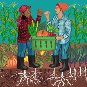 A digital illustration of two farm workers at work. The farm workers are in the center of the illustration, and both are wearing black rubber books, marine blue pants, and plaid sweaters. They are fist-bumping while holding a crate overflowing with vegetables. Pumpkins, corn, swiss chard, and other vegetables surround them. Plant roots are visible below them.